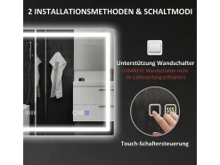 Espejo de baño LED con Bluetooth, función de memoria, 3 colores de iluminación, plateado (80 x 60 x 3,5 cm)