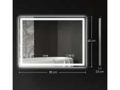 Espejo de baño LED con Bluetooth, función de memoria, 3 colores de iluminación, plateado (80 x 60 x 3,5 cm)