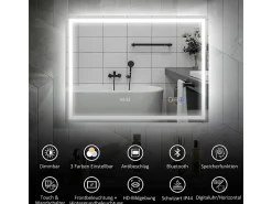 Espejo de baño LED con Bluetooth, función de memoria, 3 colores de iluminación, plateado (80 x 60 x 3,5 cm)