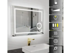 Espejo de baño LED, espejo de pared con aumento antivaho iluminado, 90x70cm