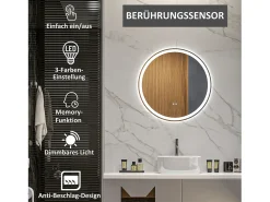 Espejo de baño LED, función táctil, antivaho, marco de aluminio, blanco (Ø60x3 cm)