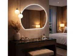 Espejo de baño LED redondo, 80 cm, color plata con función antivaho - Cristal y metal