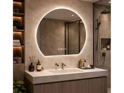 Espejo de baño LED redondo, 80 cm, color plata con función antivaho - Cristal y metal