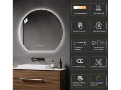 Espejo de baño LED redondo, 80 cm, color plata con función antivaho - Cristal y metal