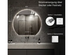 Espejo de baño LED redondo, 80 cm, color plata con función antivaho - Cristal y metal