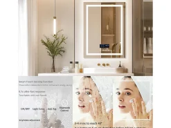 Espejo de baño rectangular iluminado con LED regulable y 4 botones táctiles - antivaho - 90x70cm