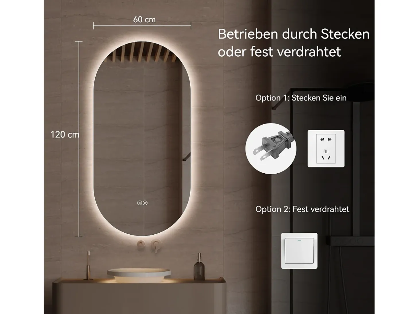 Espejo de baño táctil LED con función antivaho, 60x120 cm, cristal plateado