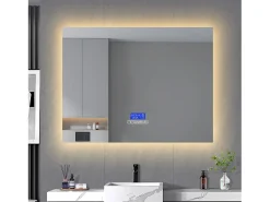 Espejo de baño, 100x80cm, espejo LED con altavoz Bluetooth, iluminación ajustable, función antivaho, indicador de temperatura