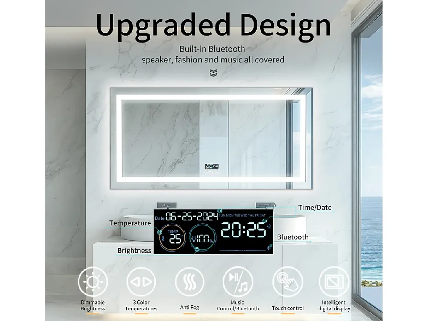 Espejo de baño 100x60cm LED regulable + antivaho + Bluetooth 5.2 + Reloj + 3 colores 4 botones