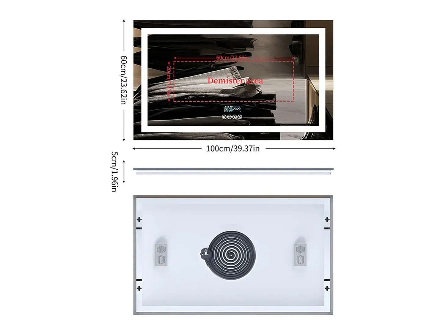 Espejo de baño 100x60cm LED regulable + antivaho + Bluetooth 5.2 + Reloj + 3 colores 4 botones