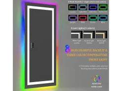 Espejo de baño 140x70cm RGB y LED regulable + antivaho + Bluetooth 5.2 + Reloj + 3 colores 4 botones