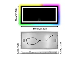 Espejo de baño 140x70cm RGB y LED regulable + antivaho + Bluetooth 5.2 + Reloj + 3 colores 4 botones