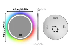 Espejo de baño 80x80cm RGB y LED regulable + antivaho + Bluetooth 5.2 + Reloj + 3 colores 4 botones
