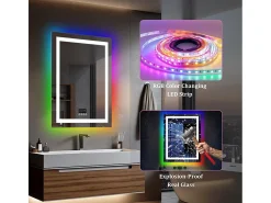 Espejo de baño 90x70cm RGB y LED regulable + antivaho + Bluetooth 5.2 + Reloj + 3 colores 4 botones