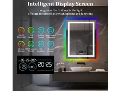 Espejo de baño 90x70cm RGB y LED regulable + antivaho + Bluetooth 5.2 + Reloj + 3 colores 4 botones