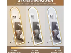 Espejo de cuerpo entero con iluminación LED, ajustable, marco de metal, dorado (47x146 cm)
