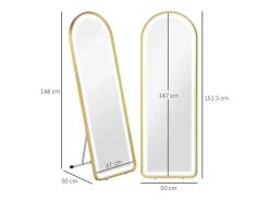 Espejo de cuerpo entero con iluminación LED, ajustable, marco de metal, dorado (47x146 cm)