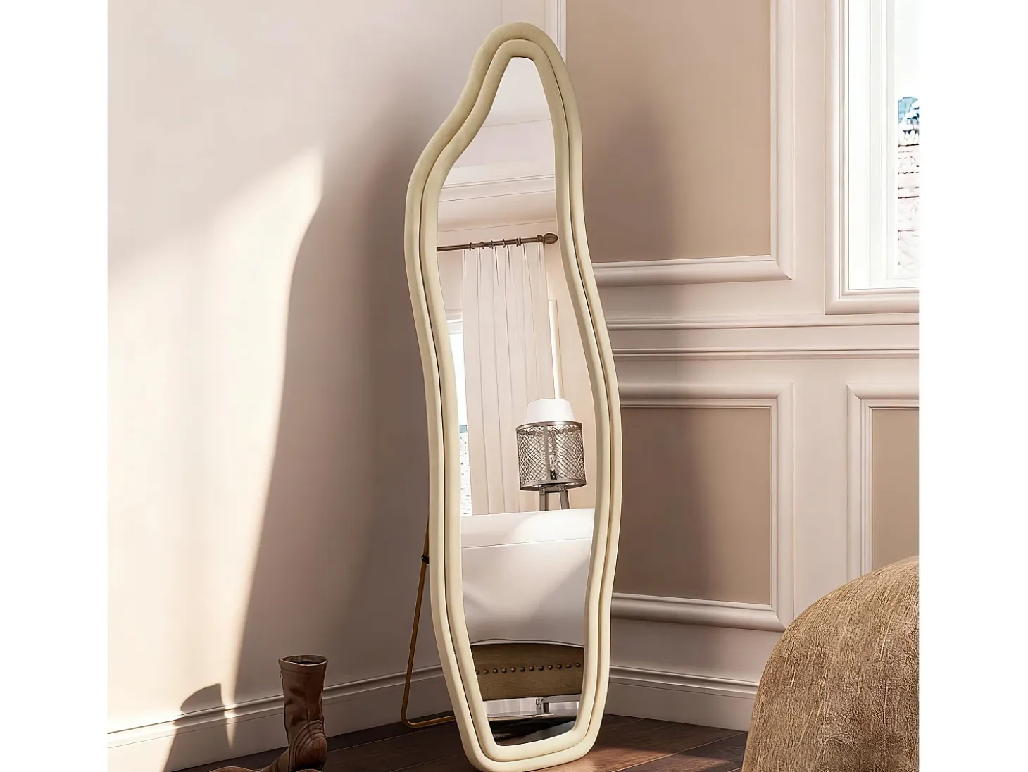 Espejo de cuerpo entero, de pie, con diseño ondulado irregular, con soporte ondulado, 45 x 140 cm, dorado