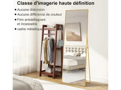 Espejo de cuerpo entero irrompible de 63 x 173 cm, de pie o para colgar en la pared, espejo de pie grande, dorado