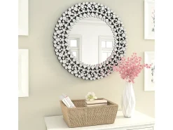 Espejo de pared redondo decorativo con detalles de cristal, marco de MDF y vidrio, plateado (86 x 2,8 x 86 cm)