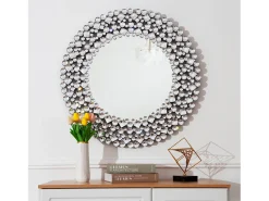 Espejo de pared redondo decorativo con detalles de cristal, marco de MDF y vidrio, plateado (86 x 2,8 x 86 cm)