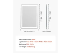 Espejo de Pared SucceBuy, 50 x 70 cm, Espejo de Baño LED, Montaje en Pared, Antiniebla, 3 Colores de Temperatura Ajustables