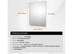 Espejo de Pared SucceBuy, 91,5 x 91,5 cm, Plata, Espejo Resistente a Rayones con Soporte en Forma de Z, con Contornos en Aleación de Aluminio