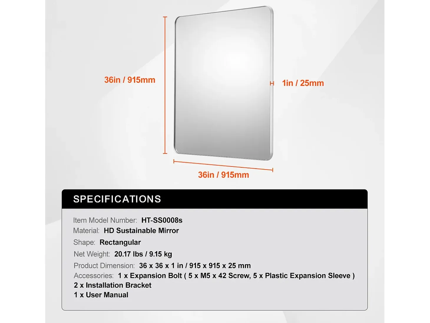 Espejo de Pared SucceBuy, 91,5 x 91,5 cm, Plata, Espejo Resistente a Rayones con Soporte en Forma de Z, con Contornos en Aleación de Aluminio