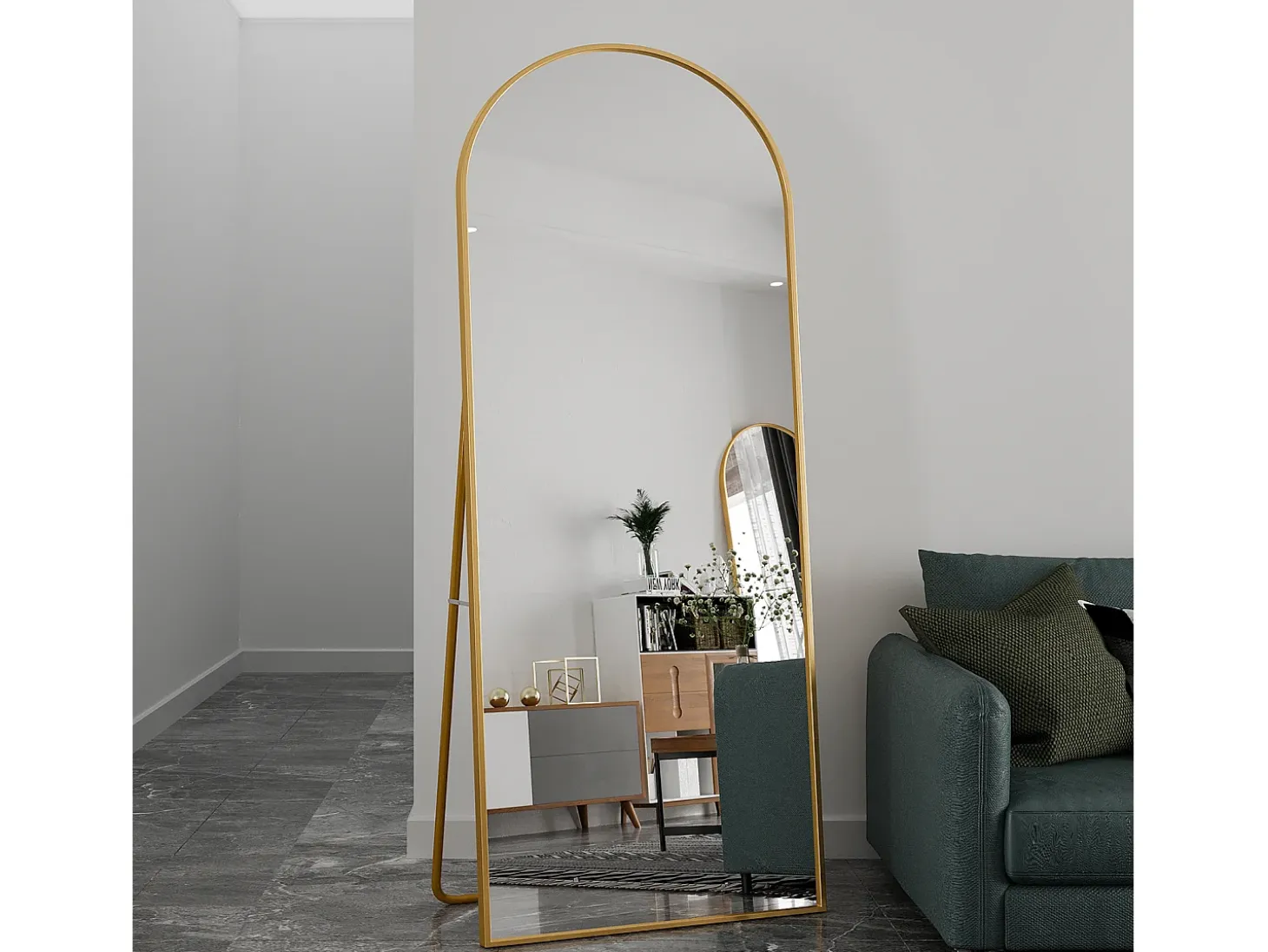 Espejo de pie - Marco de metal - 180 x 80 cm - Arqueado - Para salón o vestidor - Dorado