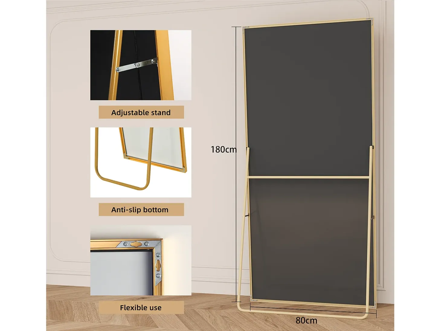 Espejo de pie - Marco de metal - 180 x 80 cm - Rectangular - Para salón o vestidor - Dorado
