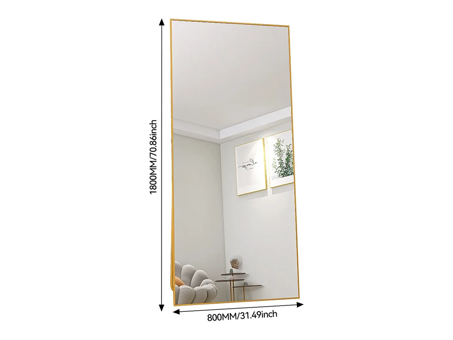 Espejo de pie - Marco de metal - 180 x 80 cm - Rectangular - Para salón o vestidor - Dorado
