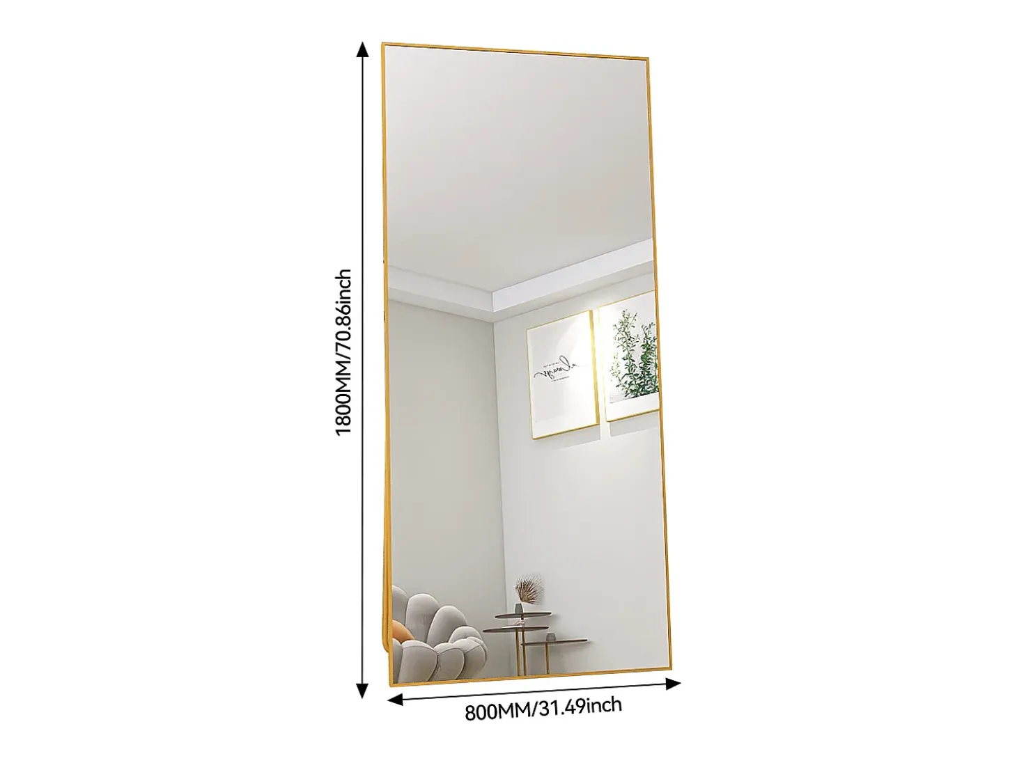 Espejo de pie 180 x 80 cm, espejo de pared grande, espejo de suelo, marco de aluminio, dorado