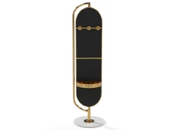 Espejo de pie con almacenamiento y perchas de metal, An. 45 x Alt. 172 cm, Dorado, TOMONO