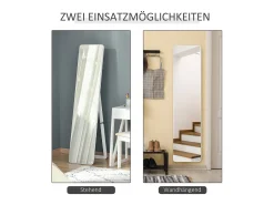 Espejo de pie con marco plegable, espejo de maquillaje estable, para montar en la pared o de pie, madera, blanco (37x43x156 cm)