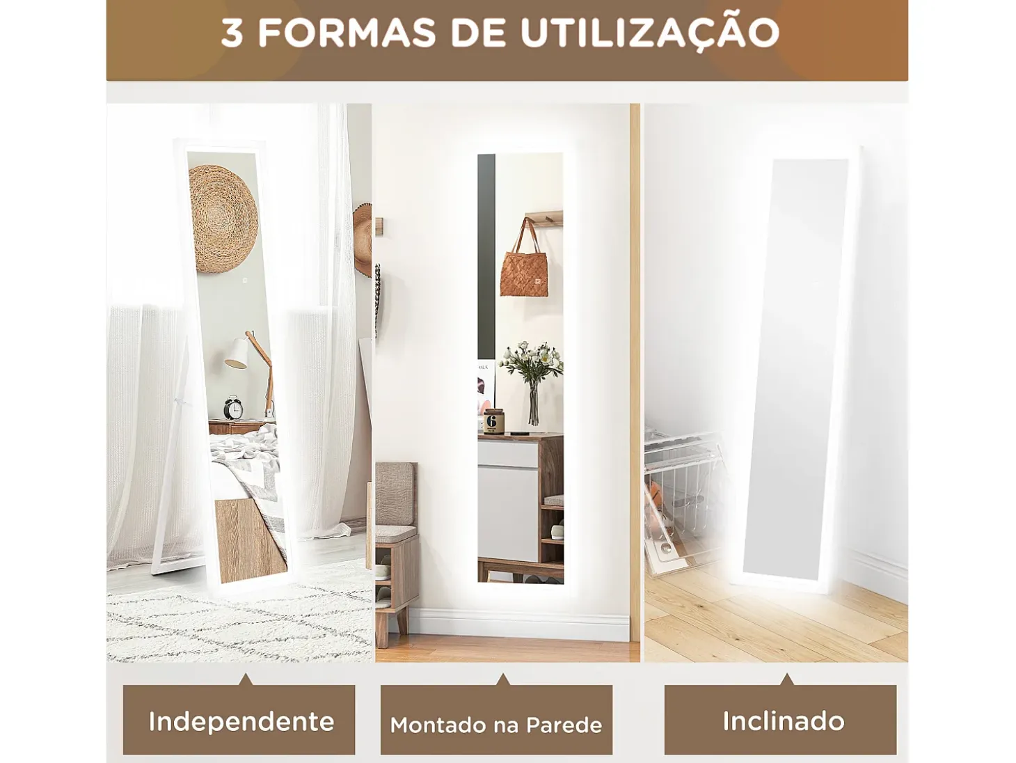 Espejo de pie Nerpio Homcom luz LED ajustable blanco 160x40 cm
