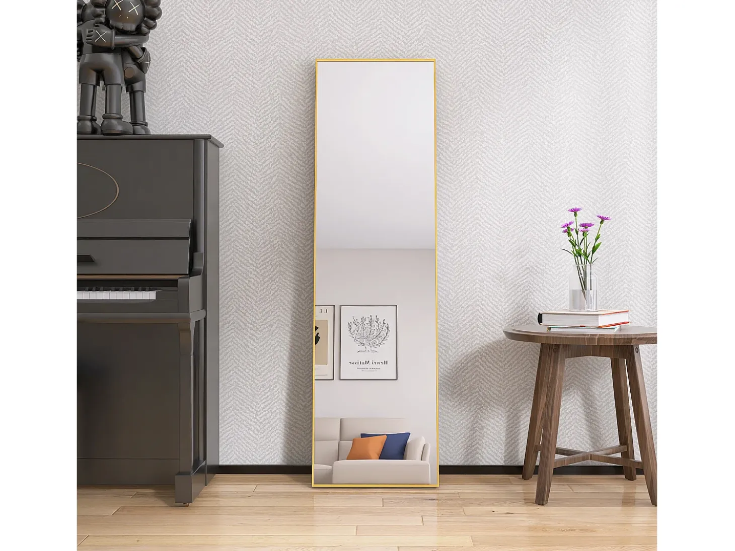 Espejo de pie rectangular con marco de metal HD Espejo de pie grande para sala de estar, dormitorio y vestidor Espejo dorado 140x40cm