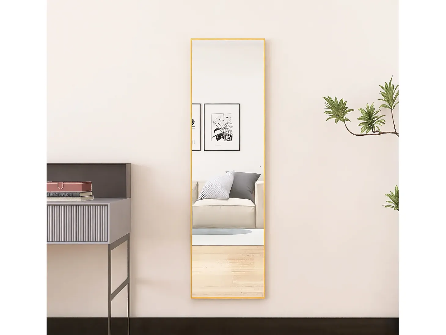 Espejo de pie rectangular con marco de metal HD Espejo de pie grande para sala de estar, dormitorio y vestidor Espejo dorado 140x40cm