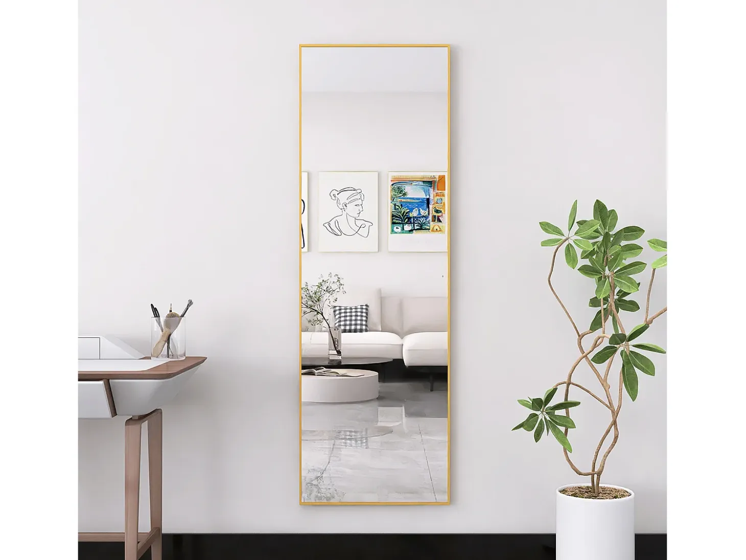 Espejo de pie rectangular con marco de metal HD Espejo de pie grande para sala de estar, dormitorio y vestidor Espejo dorado 165x60cm