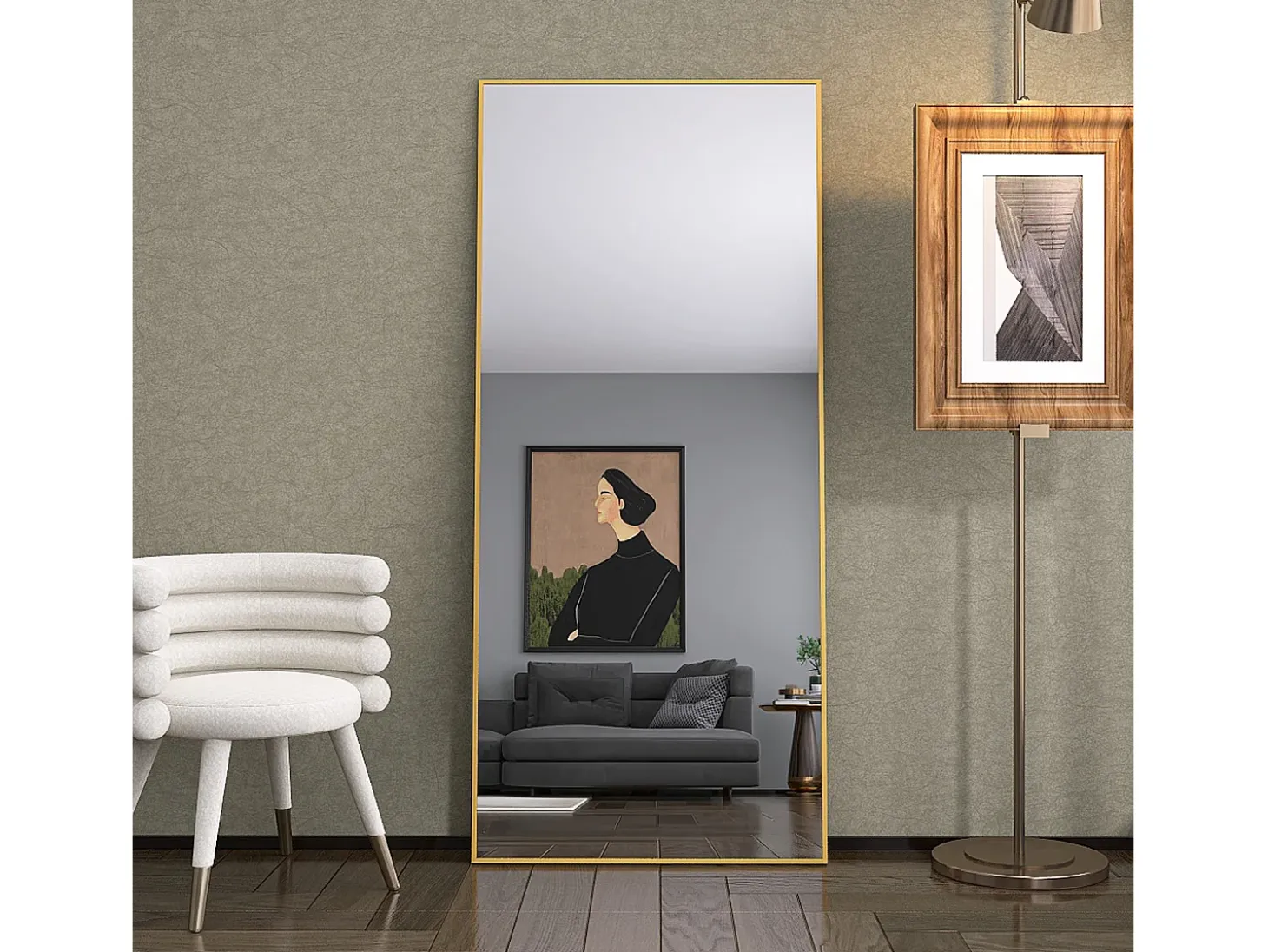 Espejo de pie rectangular con marco de metal HD Espejo de pie grande para sala de estar, dormitorio y vestidor Espejo dorado 180x80cm