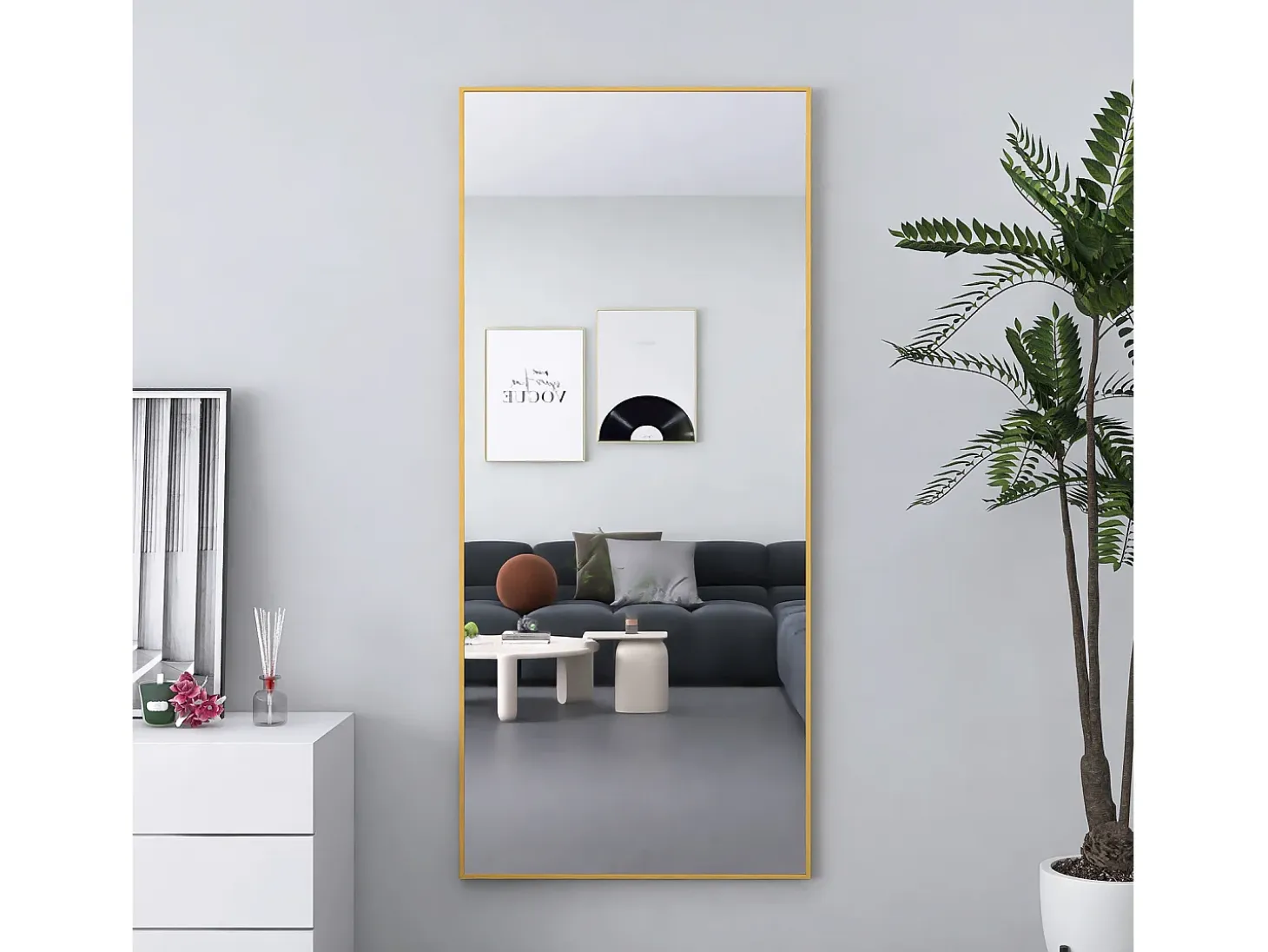Espejo de pie rectangular con marco de metal HD Espejo de pie grande para sala de estar, dormitorio y vestidor Espejo dorado 180x80cm