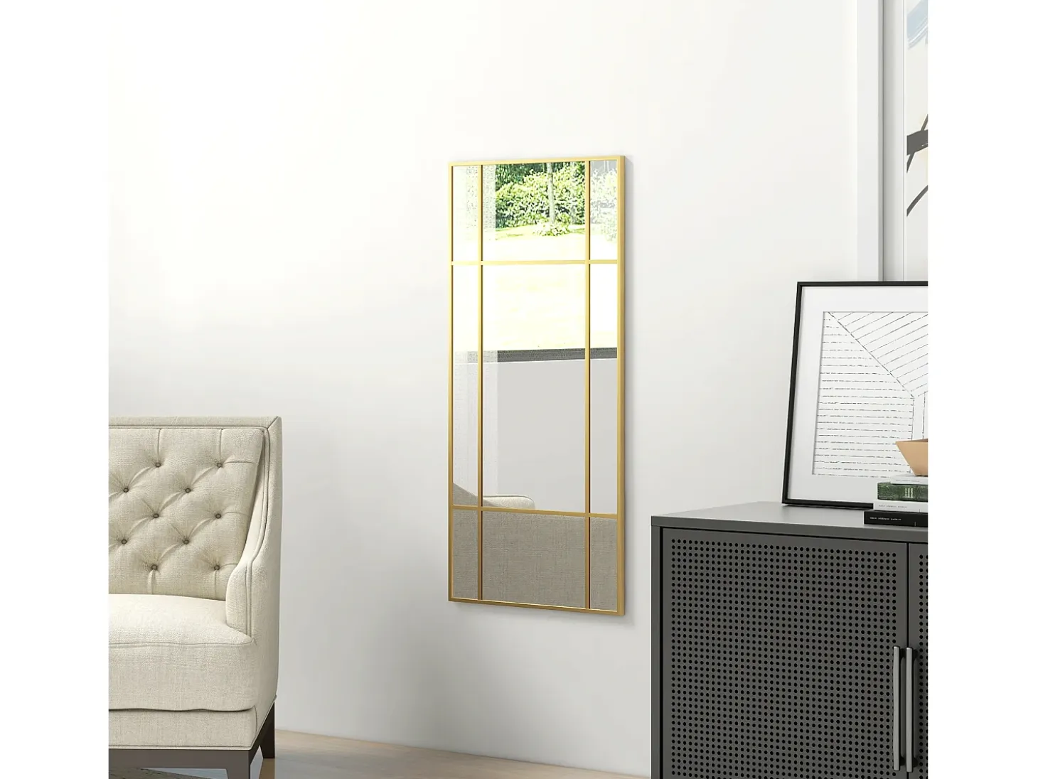 Espejo decorativo con marco de metal, diseño rectangular, dorado (110x50x2 cm)