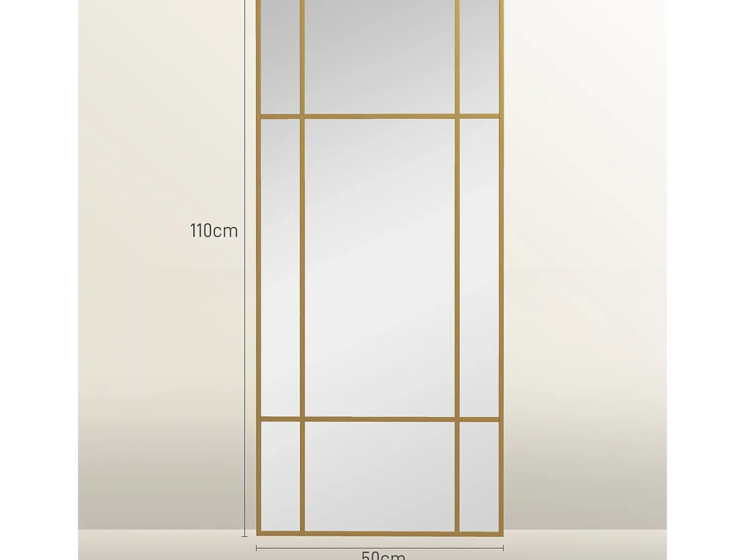 Espejo decorativo con marco de metal, diseño rectangular, dorado (110x50x2 cm)