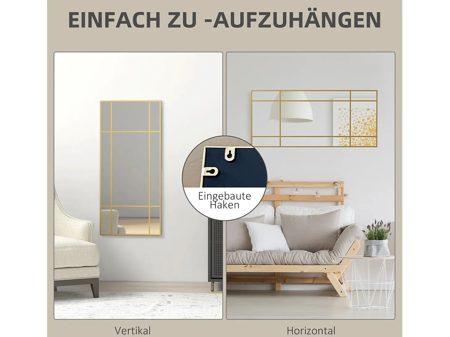 Espejo decorativo con marco de metal, diseño rectangular, dorado (110x50x2 cm)
