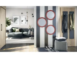 Espejo Globe 50 cm juego de 3, 3 espejos de pared redondos decorativos para pasillo y salón con marco de MDF en burdeos de alto brillo