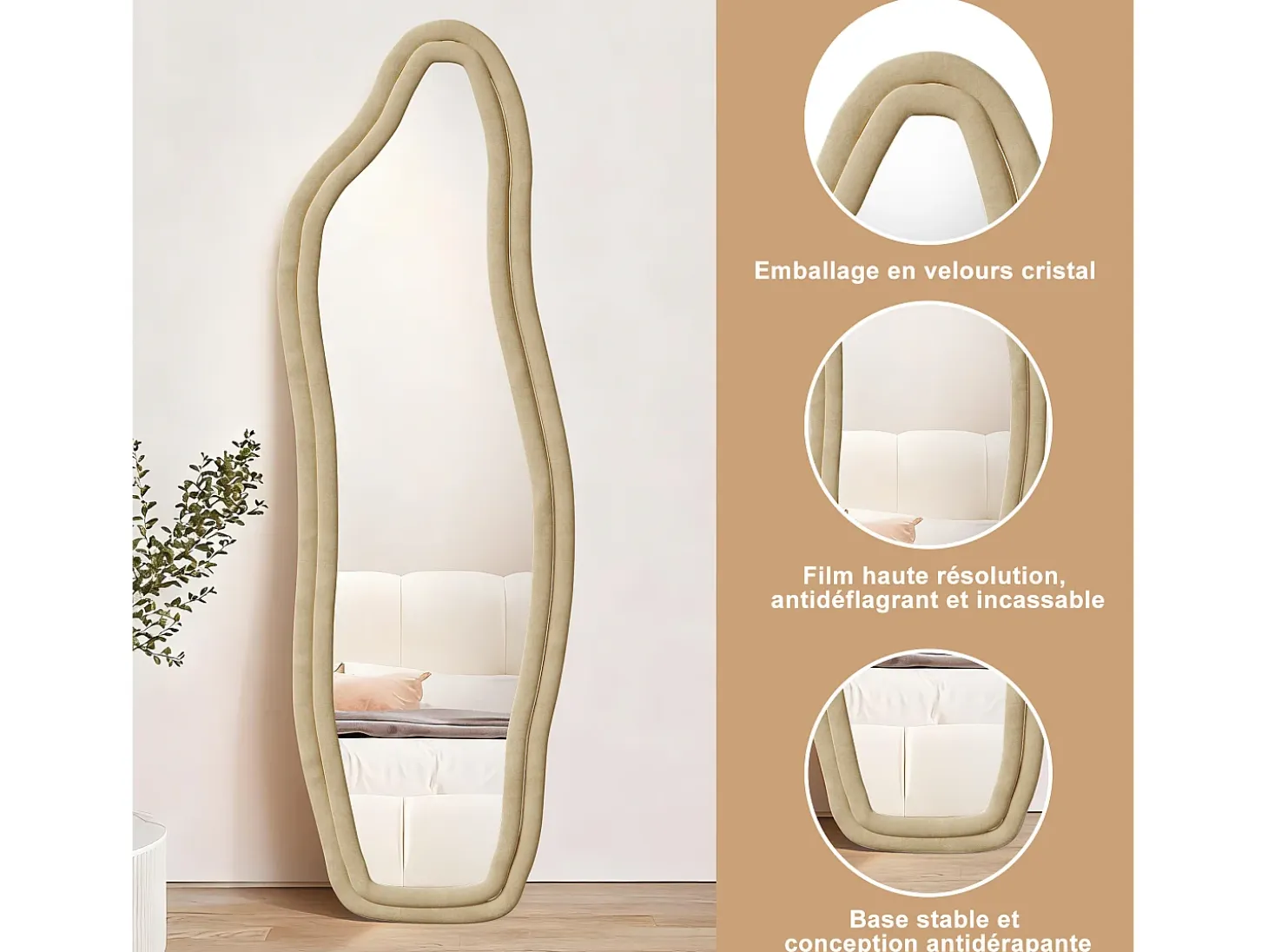 Espejo irregular 140×45 cm con marco de terciopelo dorado – Diseño moderno, vidrio templado HD