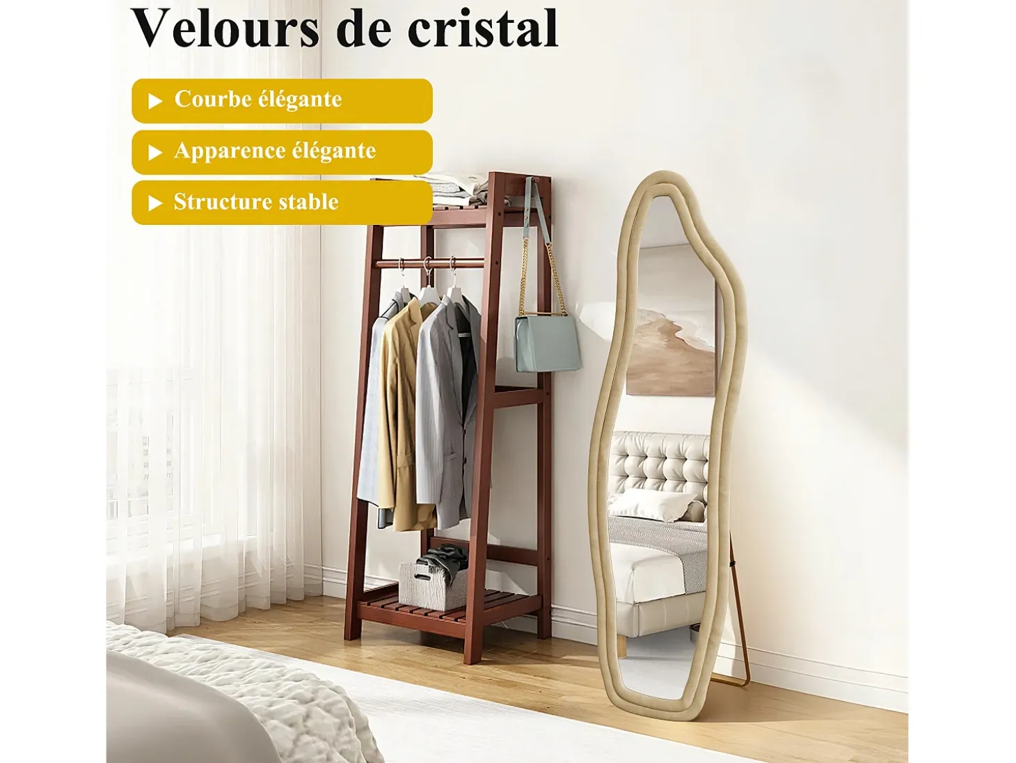 Espejo irregular 140×45 cm con marco de terciopelo dorado – Diseño moderno, vidrio templado HD