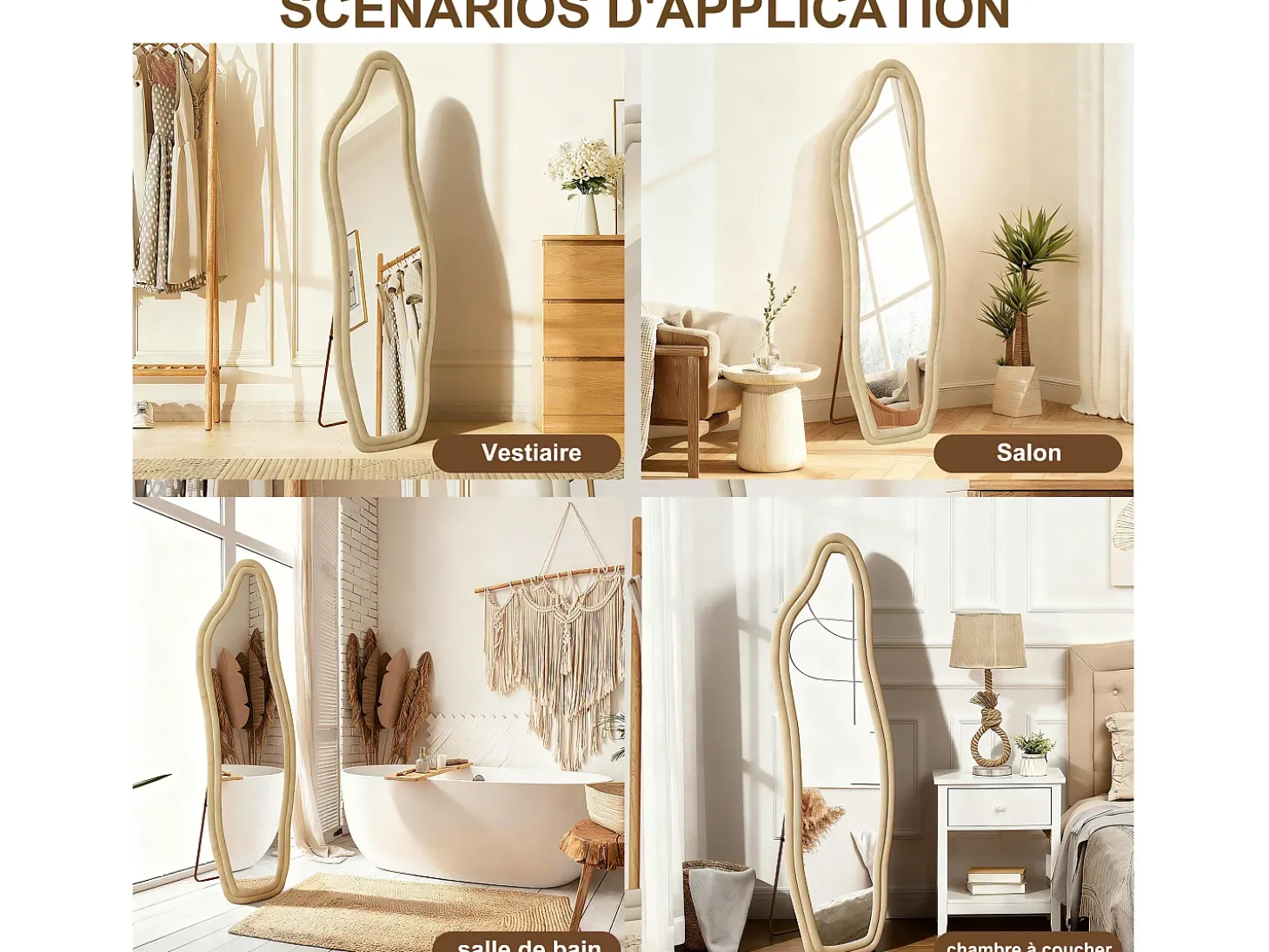 Espejo irregular 140×45 cm con marco de terciopelo dorado – Diseño moderno, vidrio templado HD
