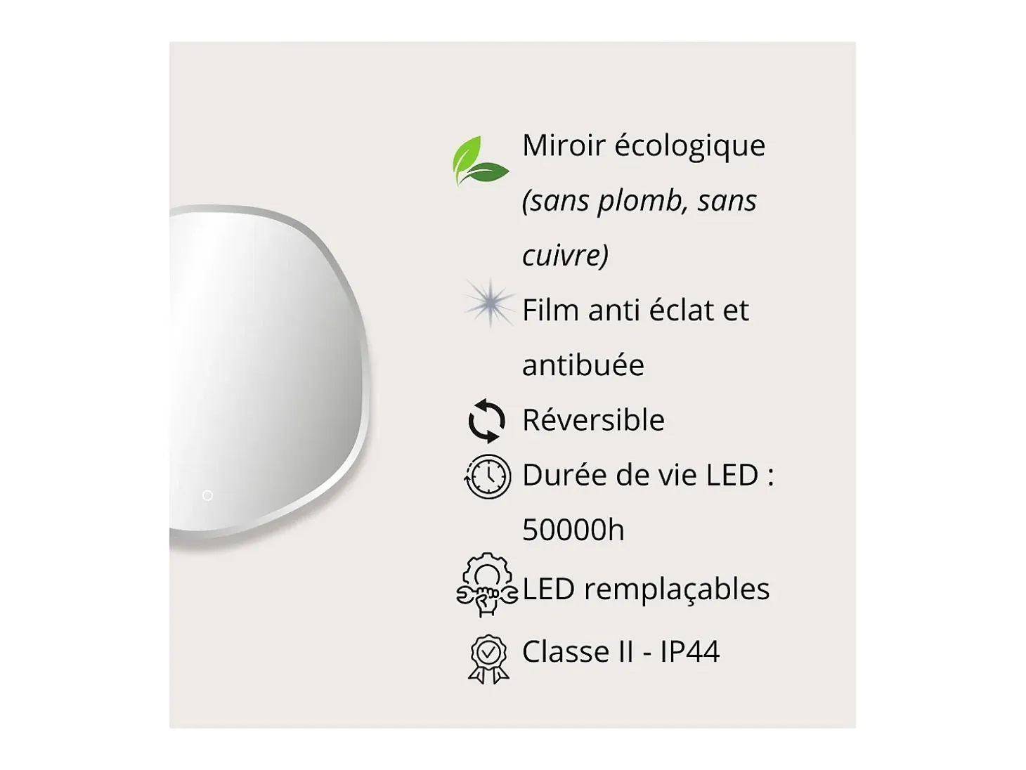Espejo LED orgánico D60/80cm en vidrio plateado FLUEA