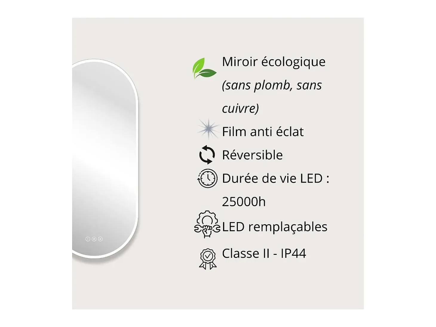 Espejo LED ovalado 90x40cm en vidrio plateado NUVIA