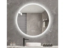 Espejo LED redondo de 70 cm con función antivaho y 3 configuraciones de temperatura - Vidrio y metal plateado